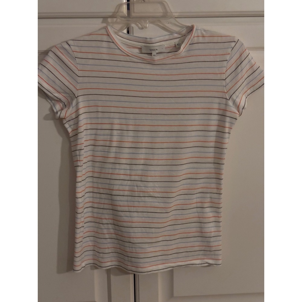 Vince Womens Multi Color Striped Cotton Short Sleeve Crew Neck T-Shirt XXS White